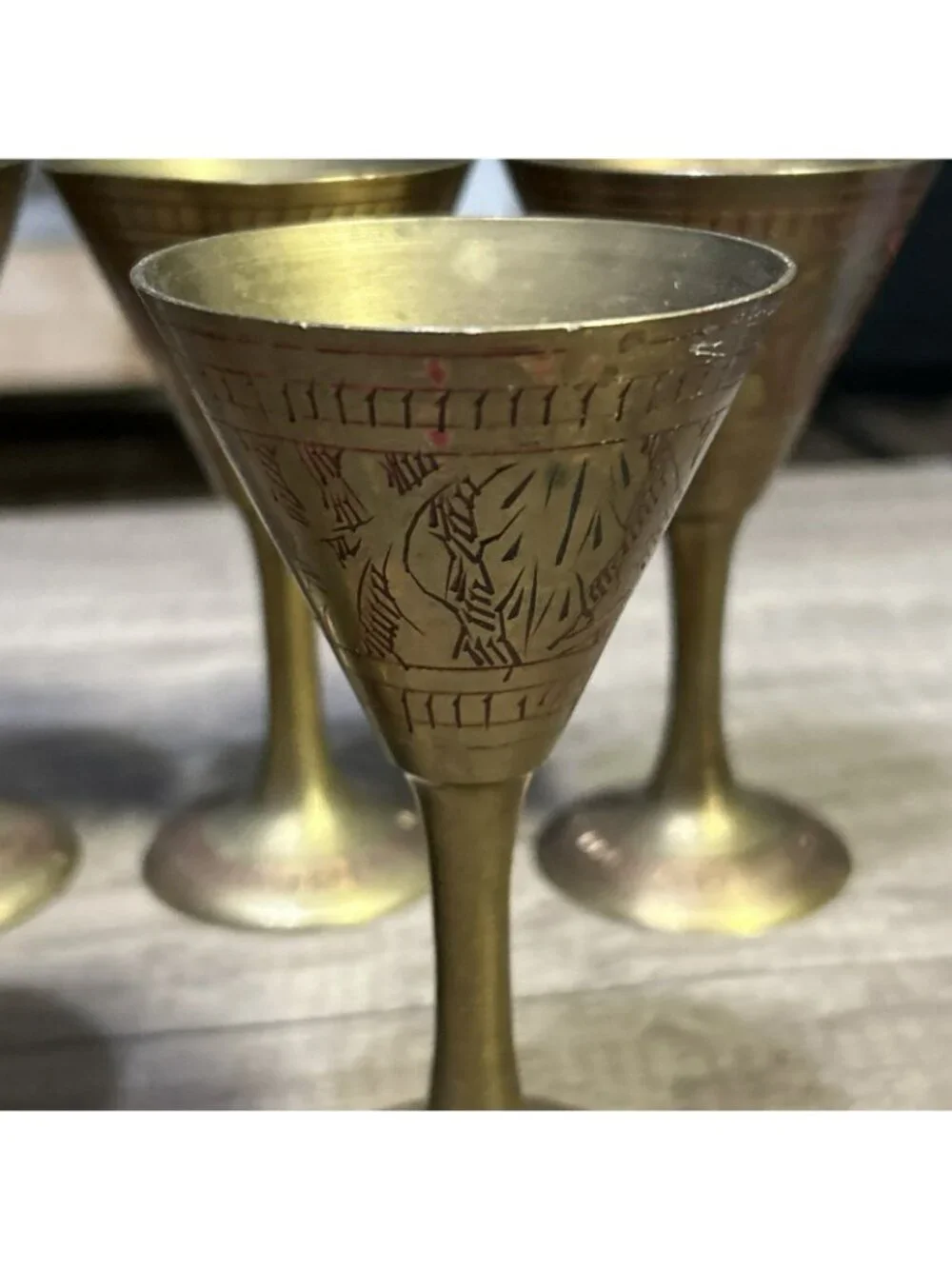 Set Of 5 Brass Goblets Hand-Etched Decorative Red Detailing Vintage Drinkware